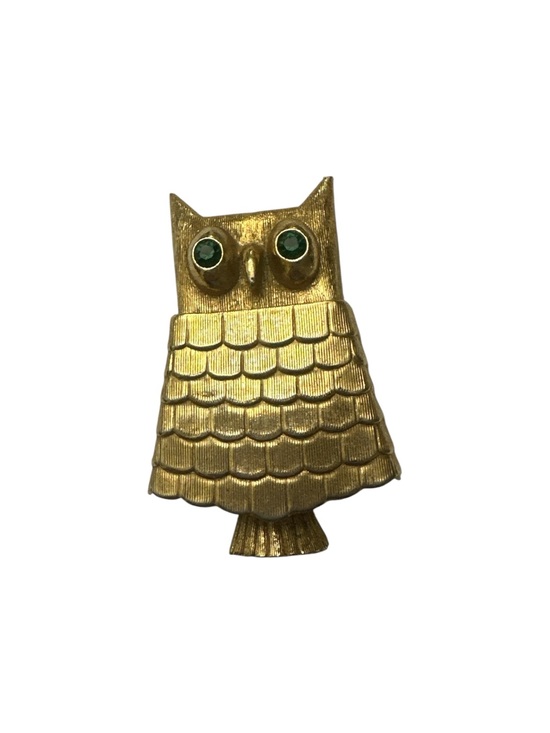Avon Jewelry - Avon Gold Owl Brooch with Green Rhinestone Eyes